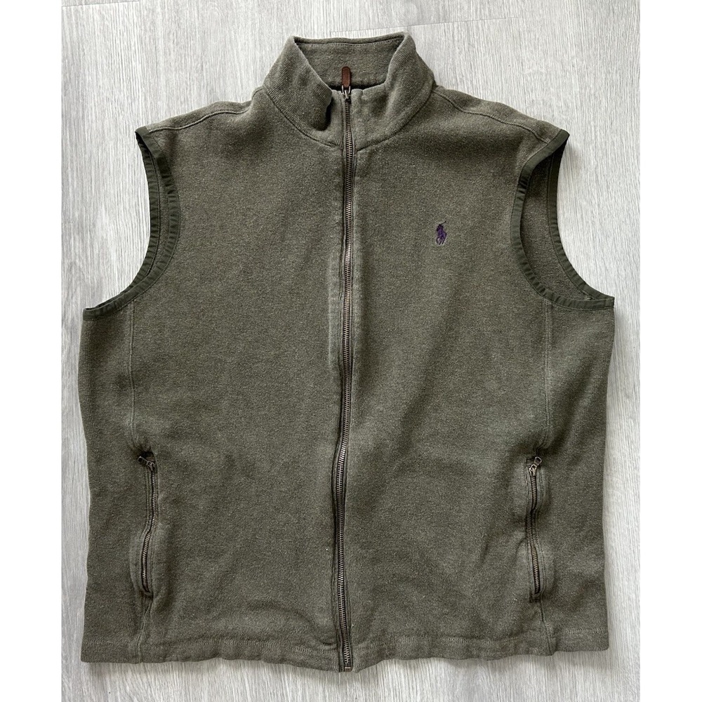 Ralph Lauren Sweater Vest Mens XL Full Zip Cotton Olive Green Purple Pony